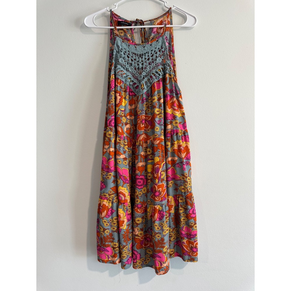 Faroro Floral Crochet Halter Dress Women Medium Boho Tiered Retro summer festiva